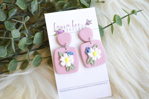 Angel Square Clay Earrings || Pink Floral