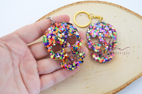 Resin Keychain || Rainbow Confetti Glitter Skull