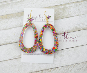Fat Teardrop Resin Earrings || Rainbow Glitter